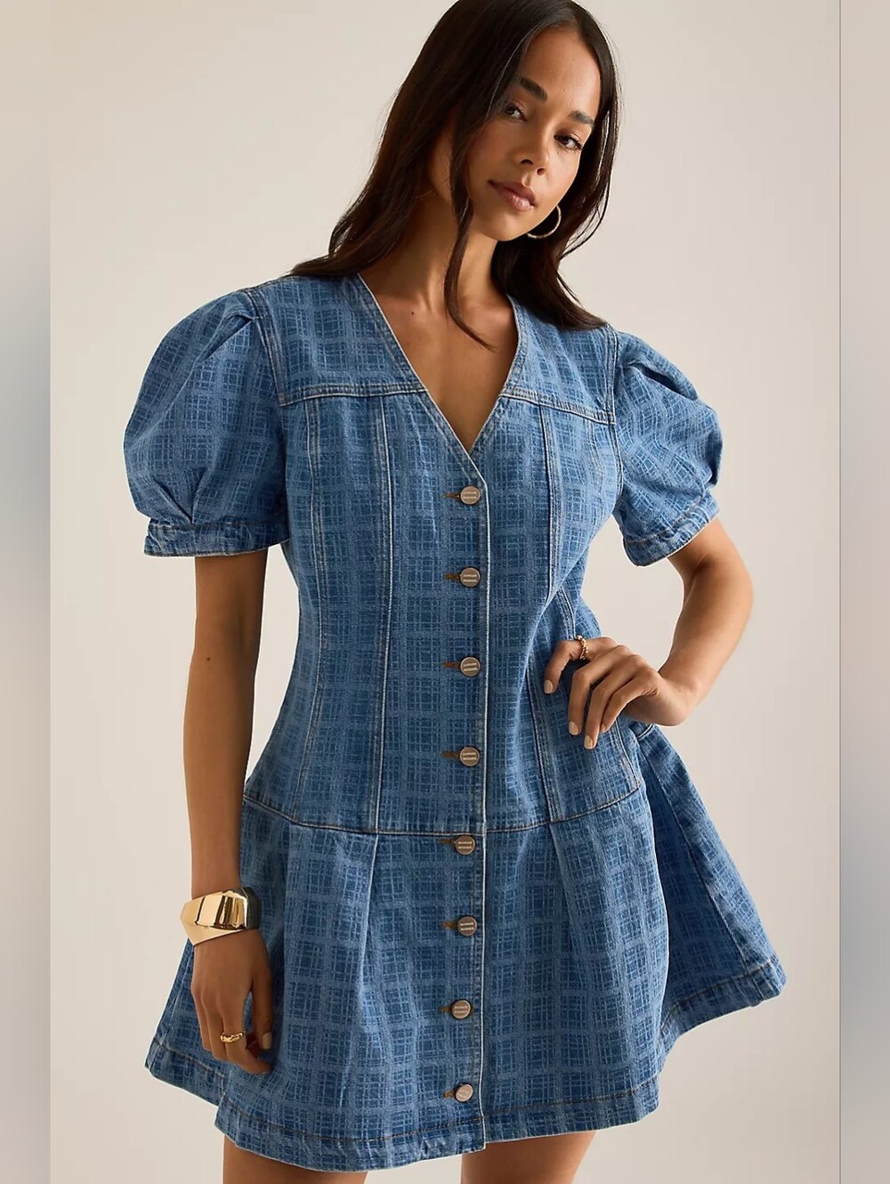 Damson Madder Adeline Puff-Sleeve Denim Mini Dress EU Size 10/ US Size 6